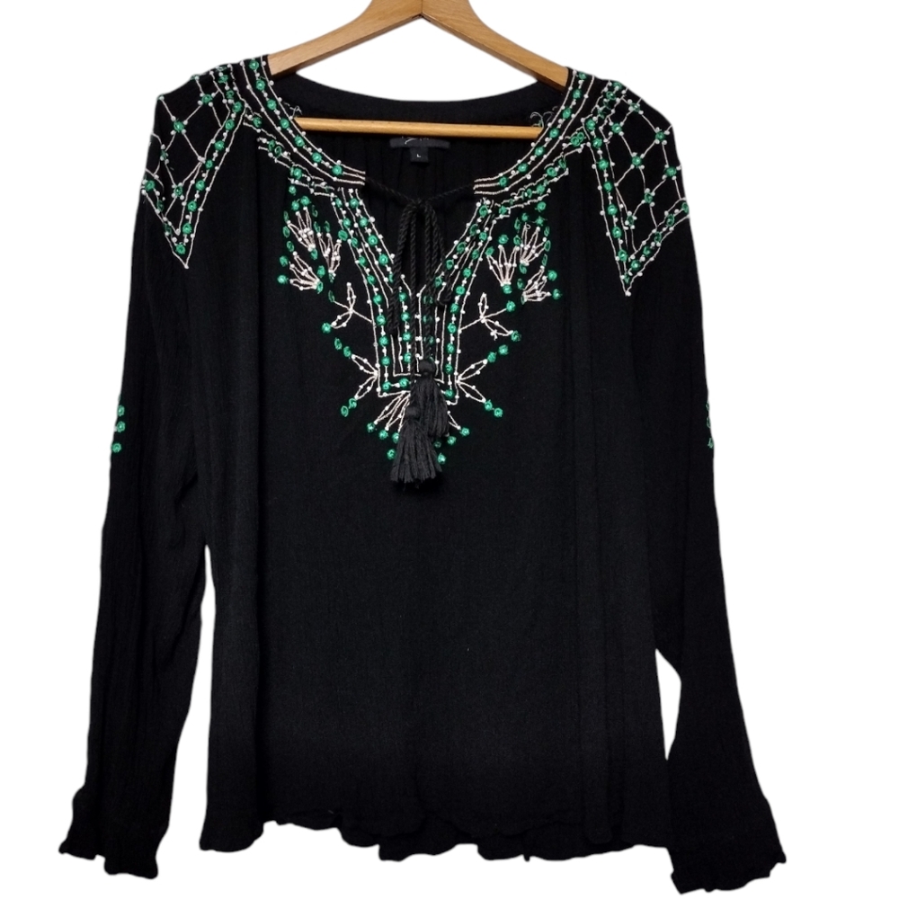 RD+Koko Long Sleeve Peasant Top With Beaded Embroidery